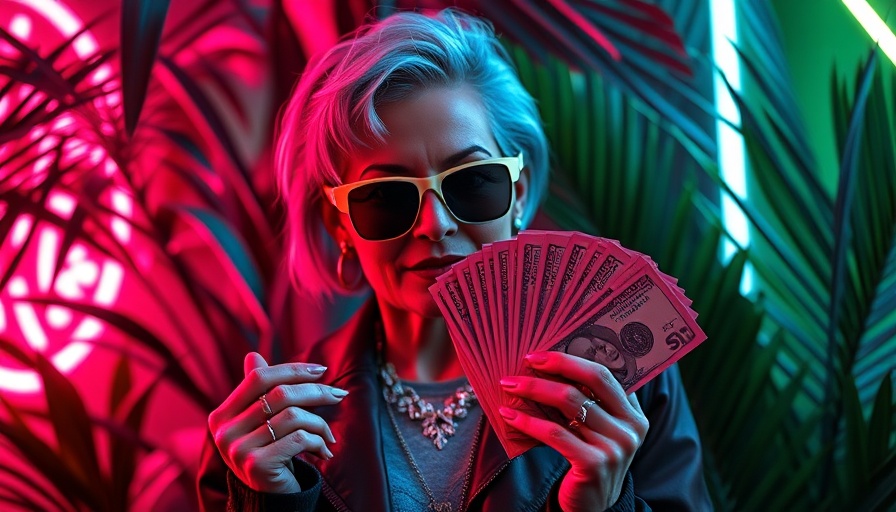 Chic older woman in neon lighting with money, retirement planning concept.
