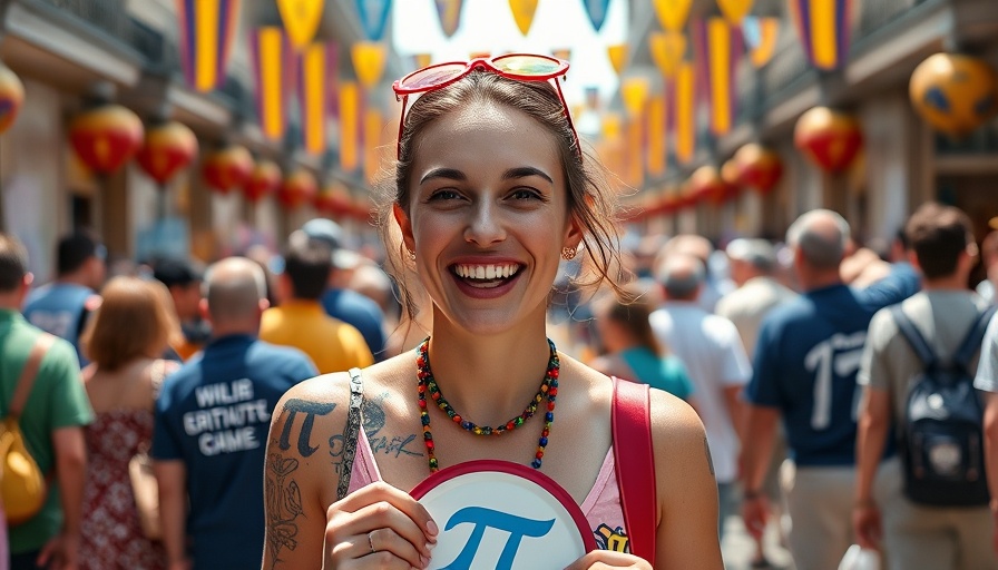 Woman celebrating Pi Day 2025 with Pi tattoo and number plate.