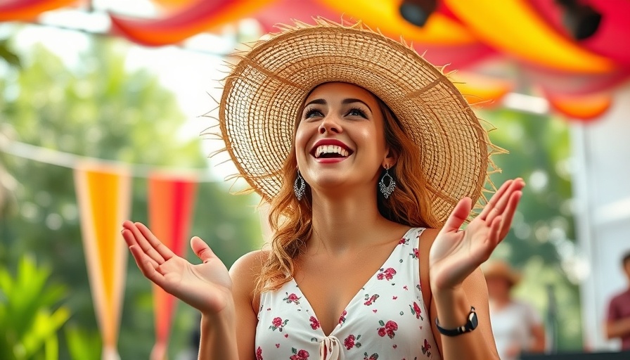 Cheerful woman in sun hat singing at Bay Area music shows this weekend.