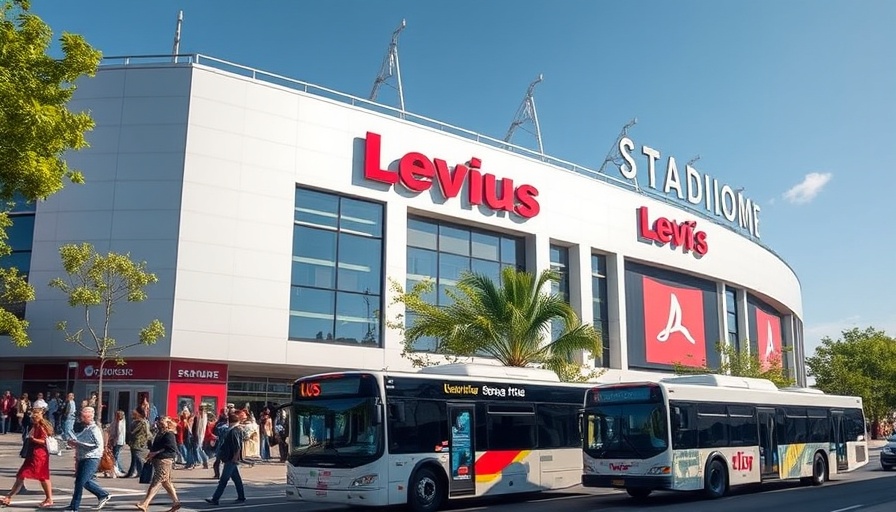 49ers stadium exterior with spectators and transportation, Levi's signage visible.