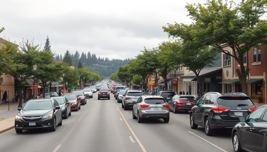 Bustling main street in Larkspur highlighting urban setting, relevant to Larkspur public art policy.