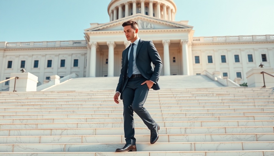 Man in suit descends steps symbolizing Trump's administration actions.