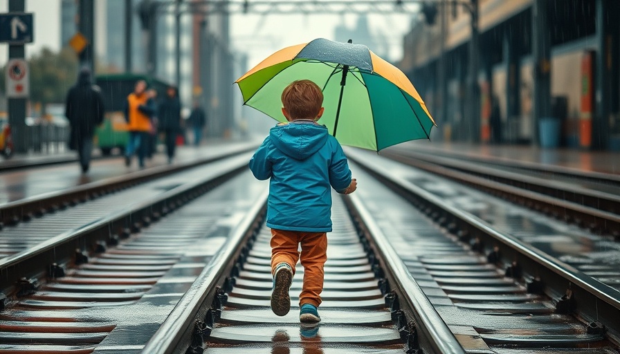 Child with blue umbrella on rainy tracks for local news story.