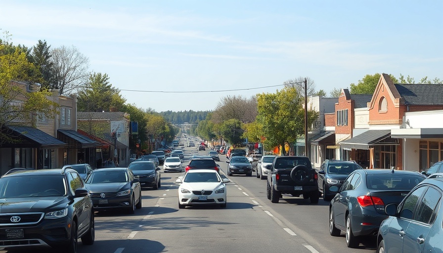 Bustling Larkspur street scene with traffic and trees.