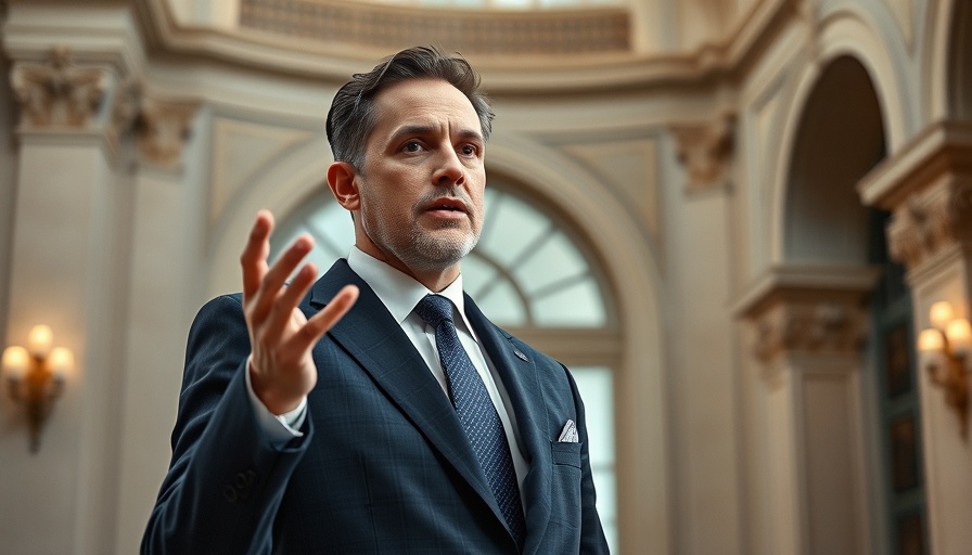 Man gesturing while speaking in elegant setting, focused.