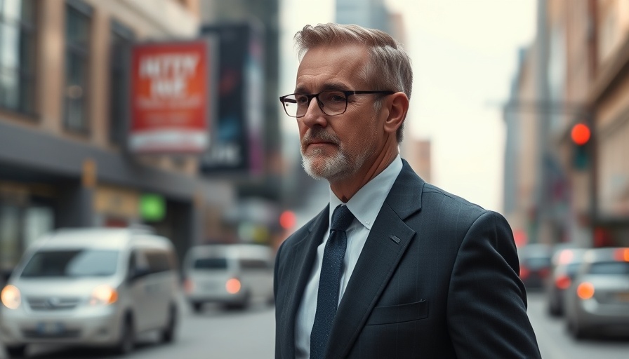 Middle-aged man in suit walking in an urban area