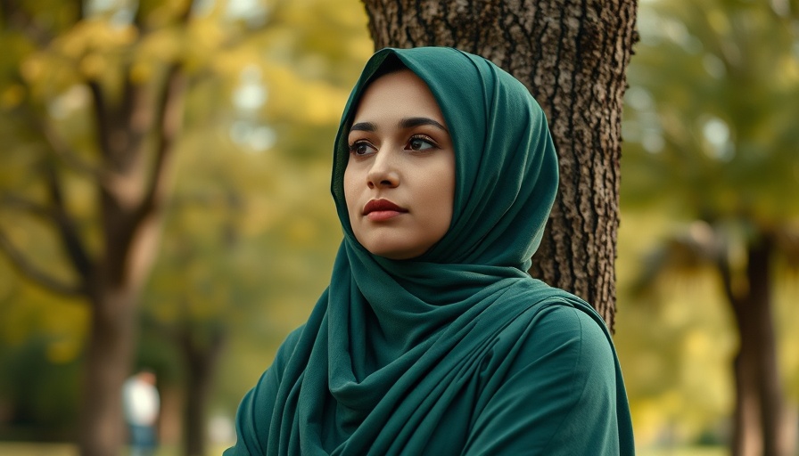 Woman in green hijab standing thoughtfully by a tree in a park setting.