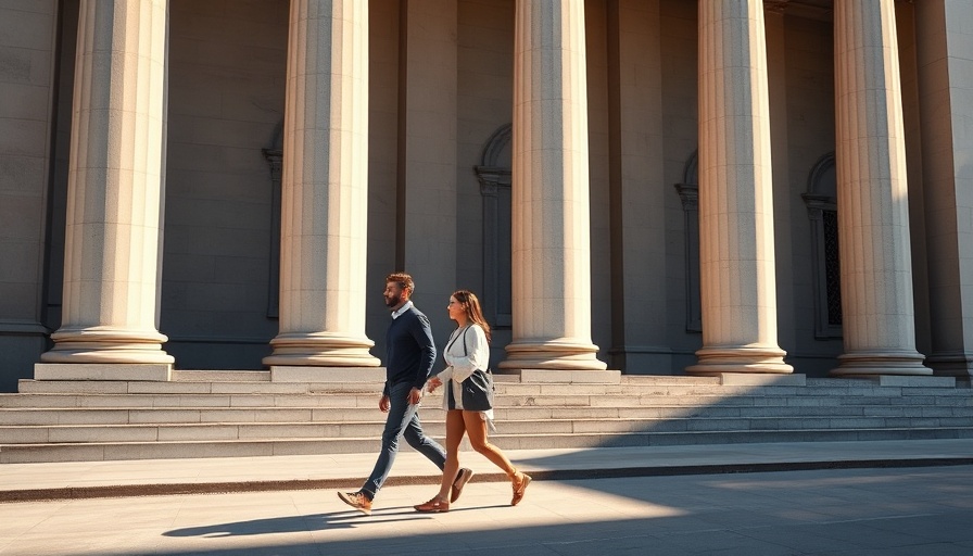 Urban scene with two people near a building amid shadow and light contrast regarding US junk bonds decline due to Trump tariffs.