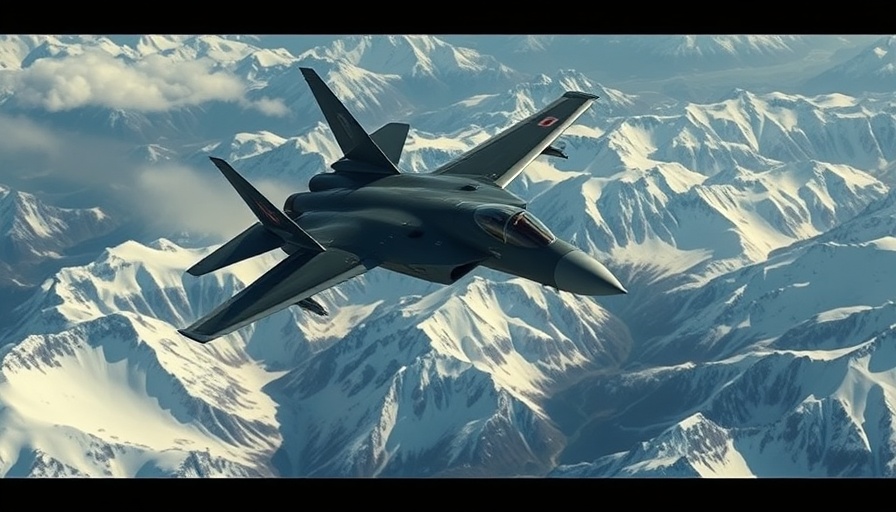Military jet over snowy mountains highlighting sustainable practices in defense manufacturing.