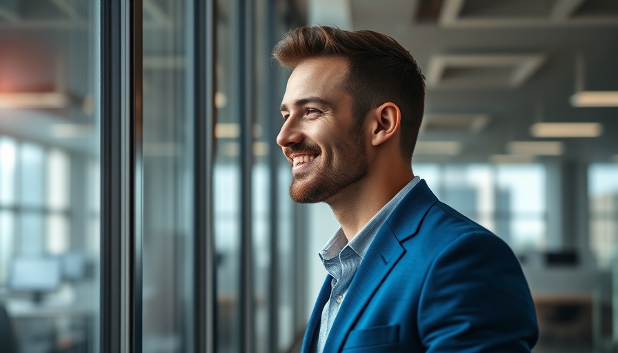 Man in blue blazer smiling by window, reflecting Abrdn rebrand.