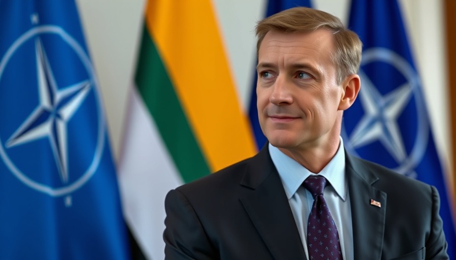 Confident man in suit with flags, Poland nuclear warheads discussion.