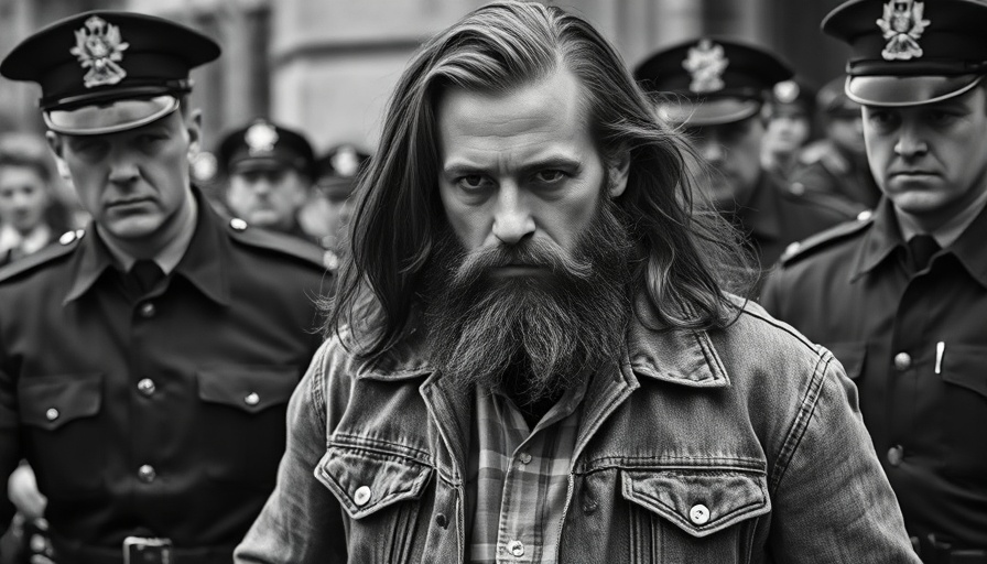 Historical scene of an escorted man during Manson era chaos.