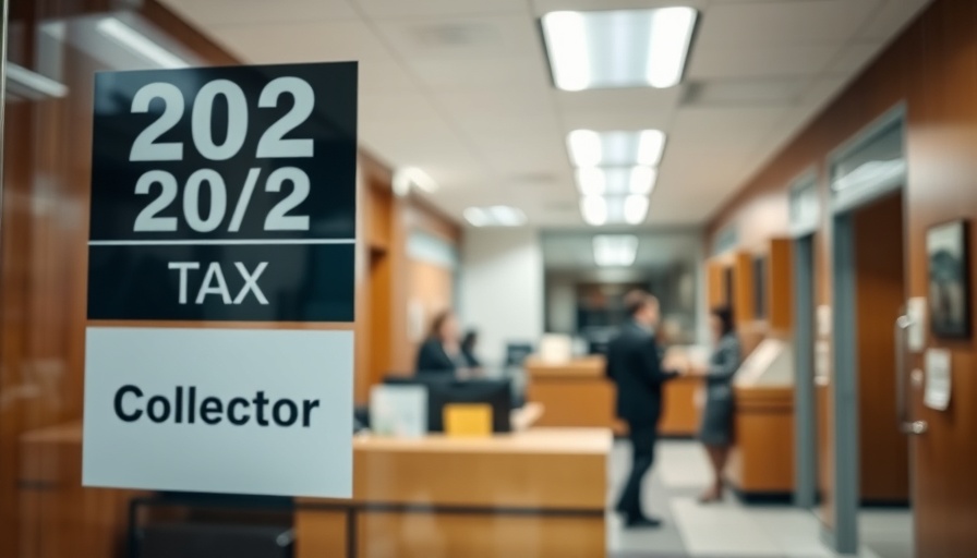 Marin County tax collector office interior with sign and people at counter.