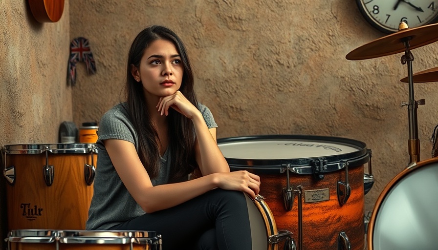 Contemplative young woman sitting by drums in cozy room.
