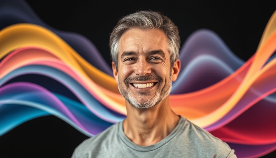 Middle-aged man smiling, vibrant wave backdrop, leadership concept