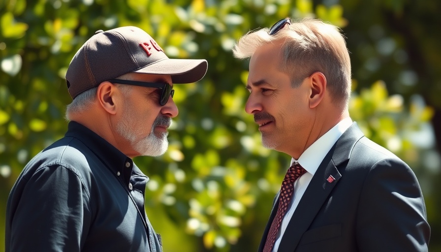Two men outdoors in discussion, one wears cap and sunglasses.