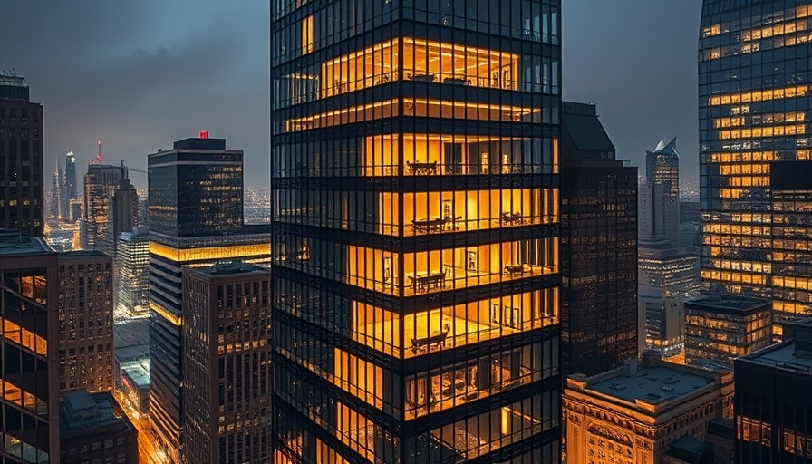 Nighttime cityscape of illuminated skyscrapers emphasizing Blackstone office real estate investment.