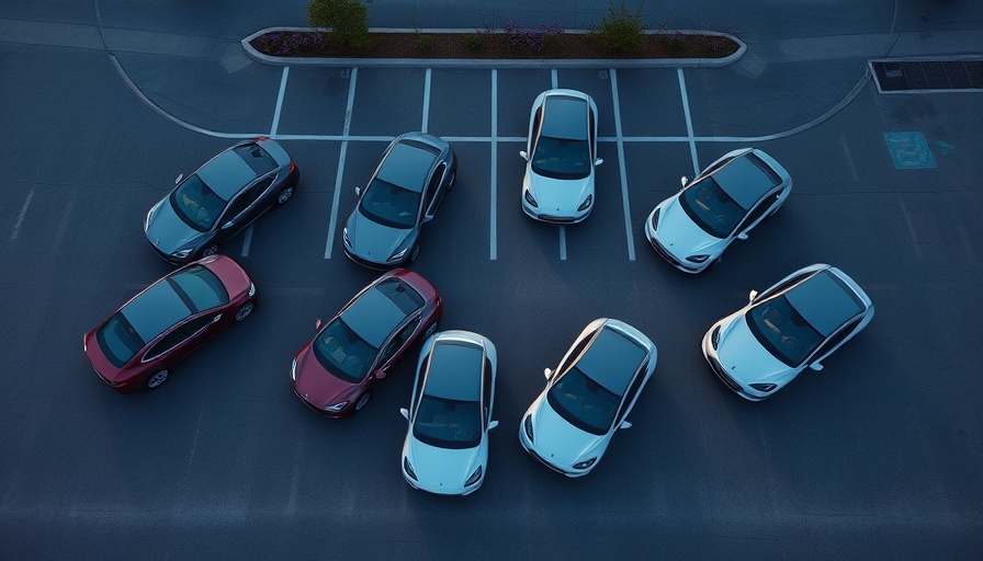 Tesla vehicles in parking lot under evening light.