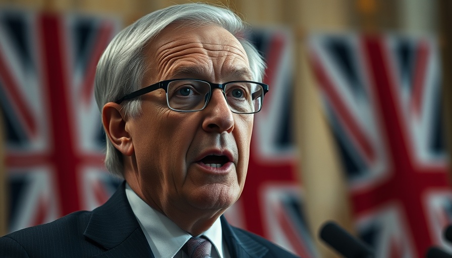 Older man discussing UK spending cuts with British flags.