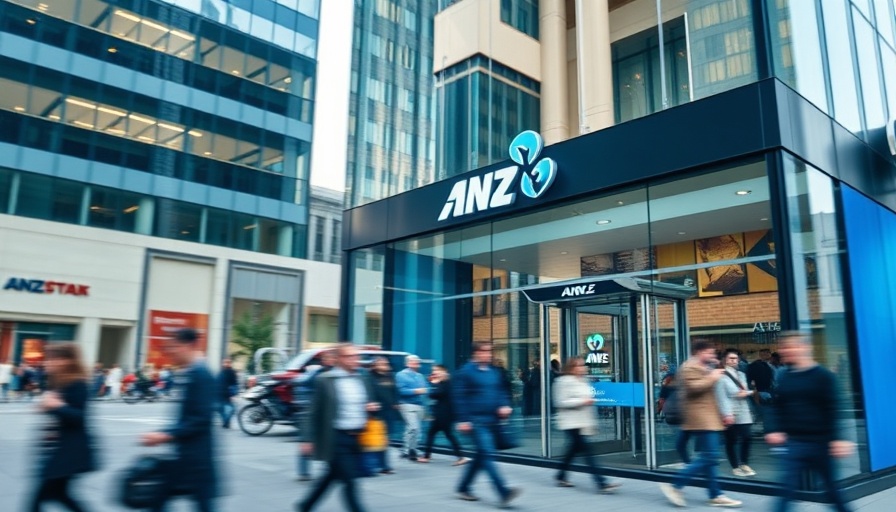 ANZ bank logo on modern glass building with blurred pedestrians.