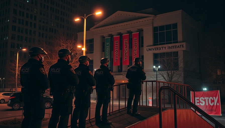 Columbia University student protests scene during night.