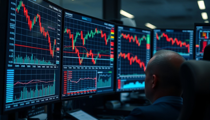 Stock trader analyzing multiple stock declines on screens
