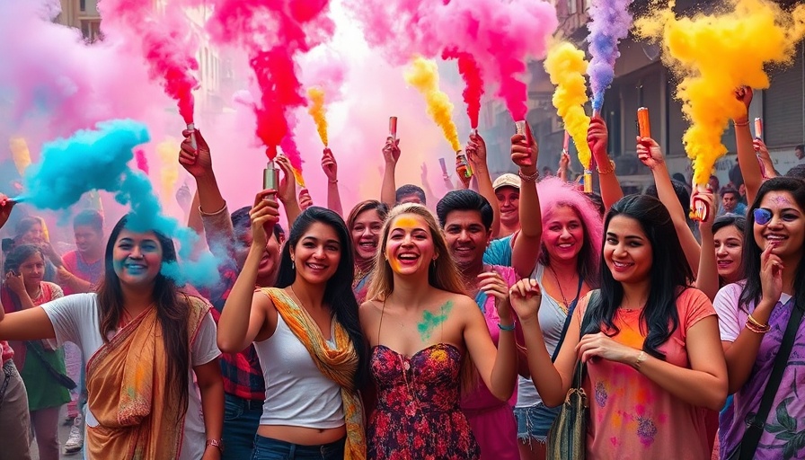 Vibrant celebration with colorful smoke for Holi Festival 2025 on a busy street.
