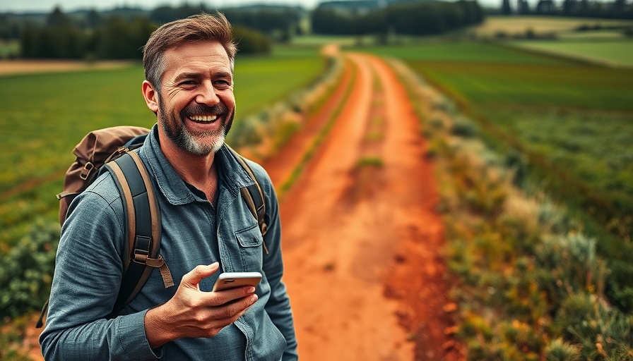 Mature man enjoying a hike, holding smartphone on a scenic path, retirement investments concept