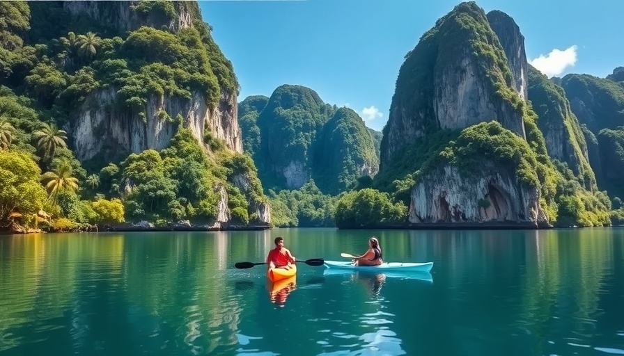 Kayaking in a lush bay promotes sustainable tourism in the Philippines.