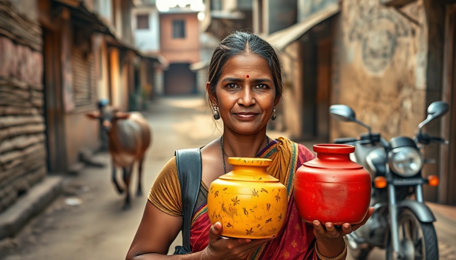 Rural woman carrying water pots in India, depicting sustainable living.