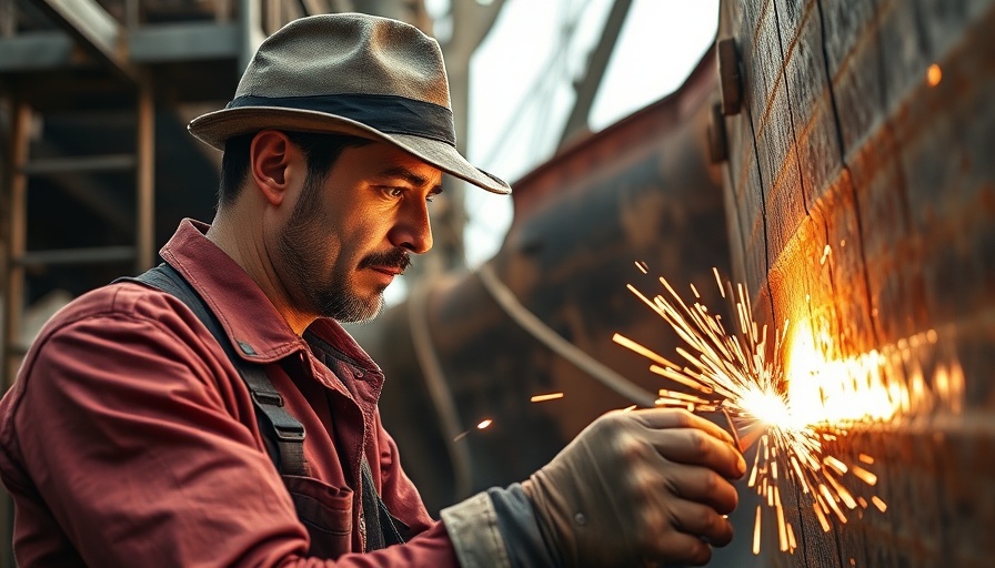 Worker welding ship's hull at shipyard for sustainable ship recycling.