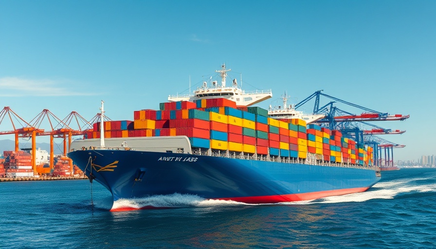 Shipping carbon tax visual with a container ship in port.