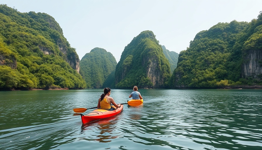 Kayaking in lush cliffs, Philippines ecotourism spot.