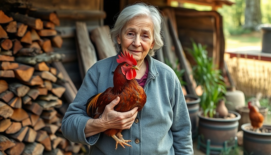 Elderly Thai woman holding a rooster outside her rural home.