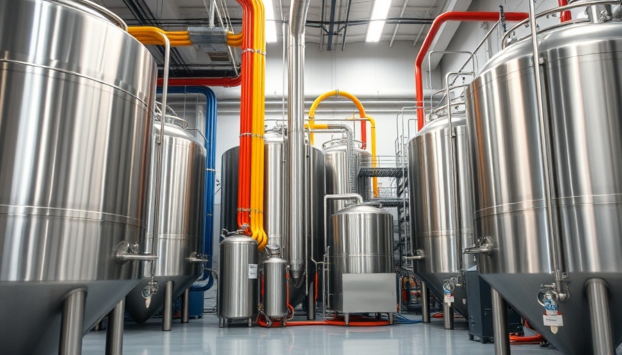 Modern brewery with large stainless steel tanks and hoses, financing needed.