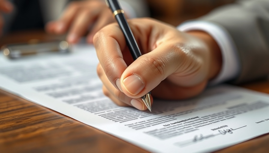 Signing business term loans document, close-up of hand with pen.