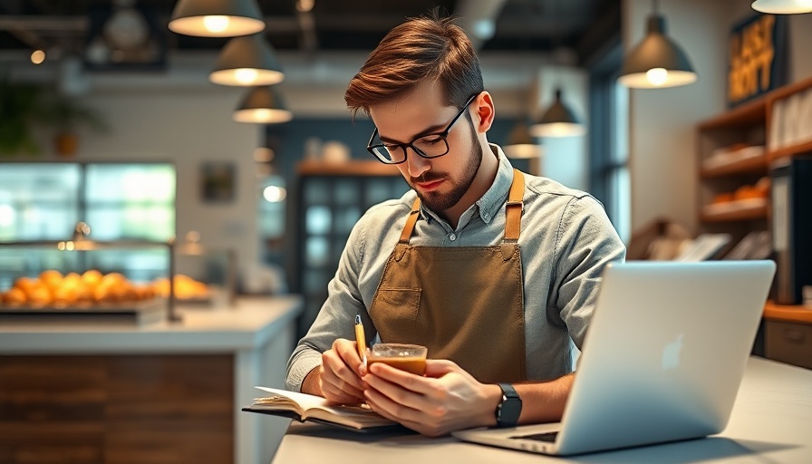 Young entrepreneur calculating finances in a cafe.