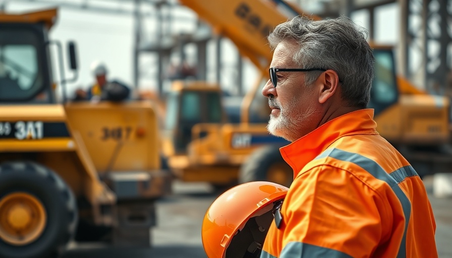 Man and construction equipment at leasing site, equipment leasing focus.