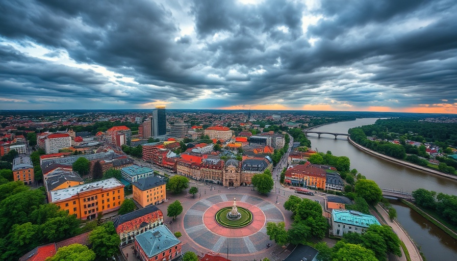 Aerial view of a cityscape with diverse architecture and dramatic sky.