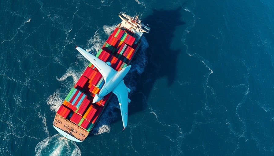 Container ship and airplane shadow illustrate 2025 tariffs impact on business.