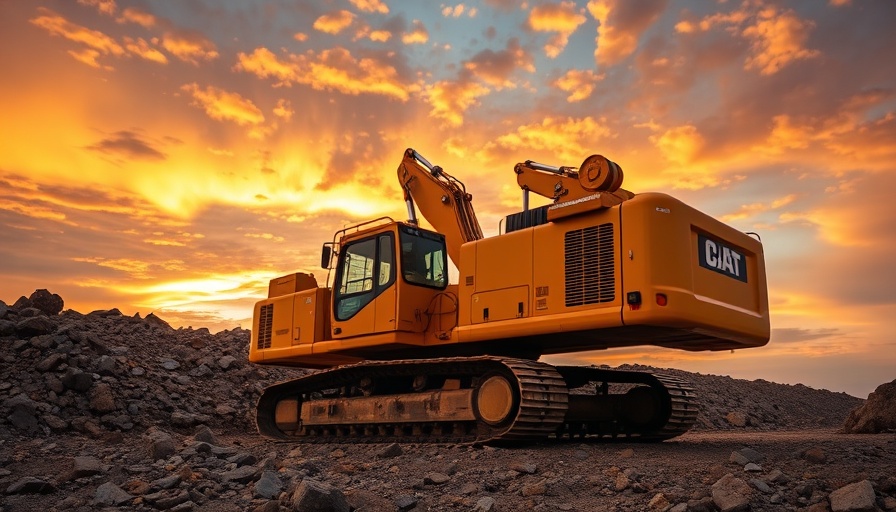 Modern excavator parked on rocky ground under colorful sunset sky in 2025.