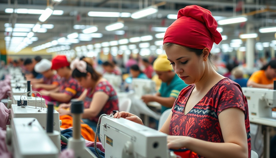 Fashion workers sewing in a brightly lit textile factory.
