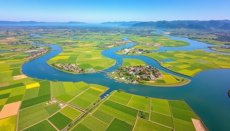 Aerial view of rural landscape promoting renewable energy.