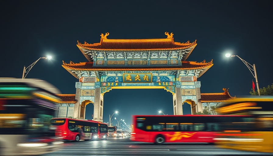 Night view of Chinese gate with blurred buses, China's Two Sessions Climate Action 2025.