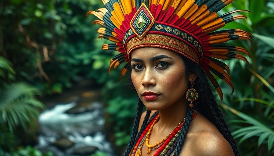 Indigenous woman in traditional attire in the lush Amazon rainforest.