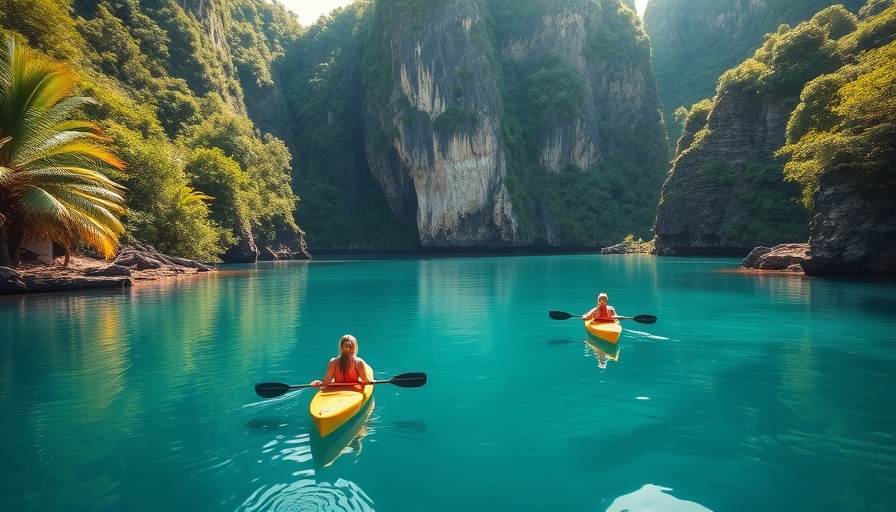 Tourists kayaking in a lagoon, promoting sustainable tourism in the Philippines.