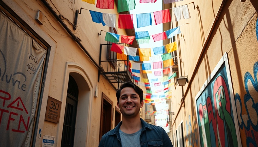 Charming alley with flags and murals, first $100,000 for immigrants focus.