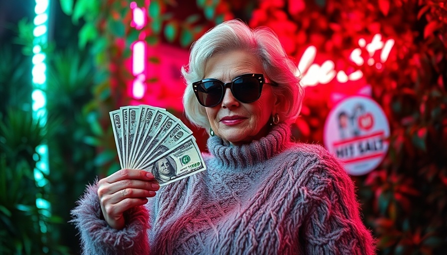 Die with Zero philosophy: stylish woman with money fan in neon light.