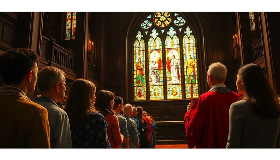 People at Marin County religious event admiring stained glass window.