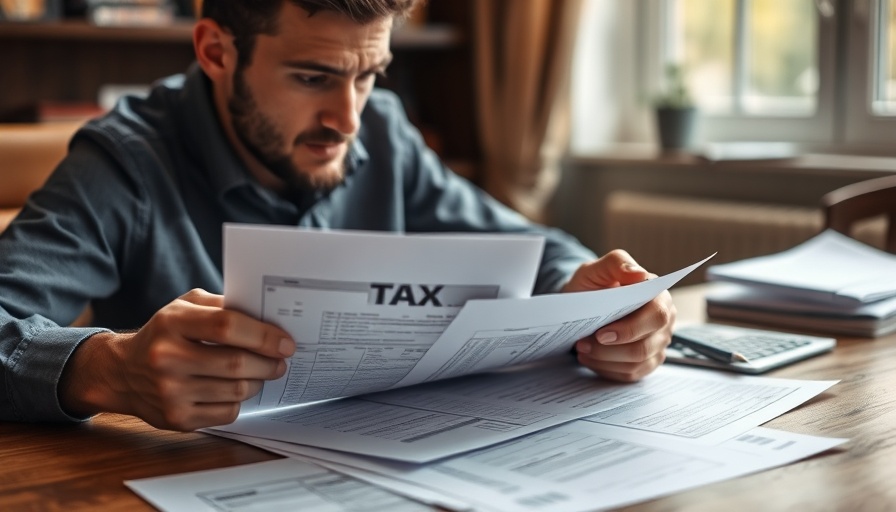 Person reviewing W-9 form for taxes, documents on table.
